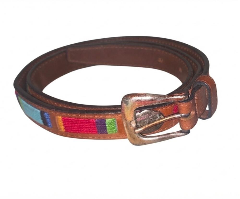 Vintage Fossil Brown Leather Belt Woven Multicolor Textile Inlay Boho Large